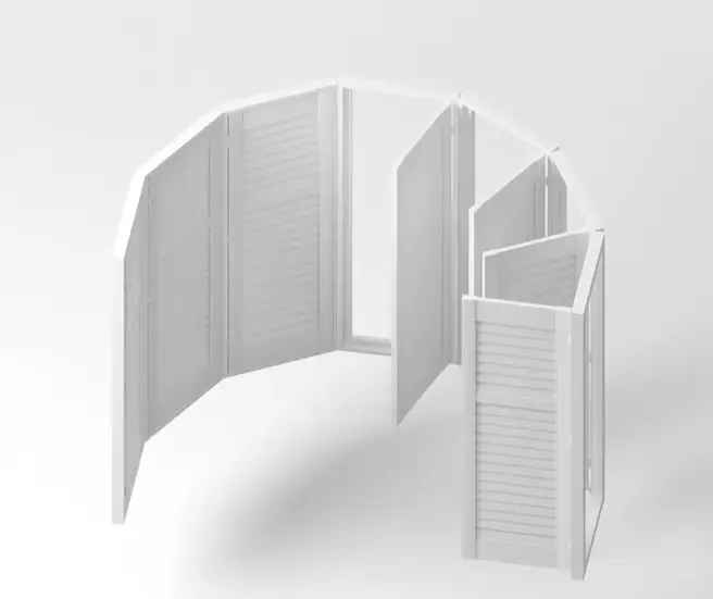 White shutter panels arranged around a bay window