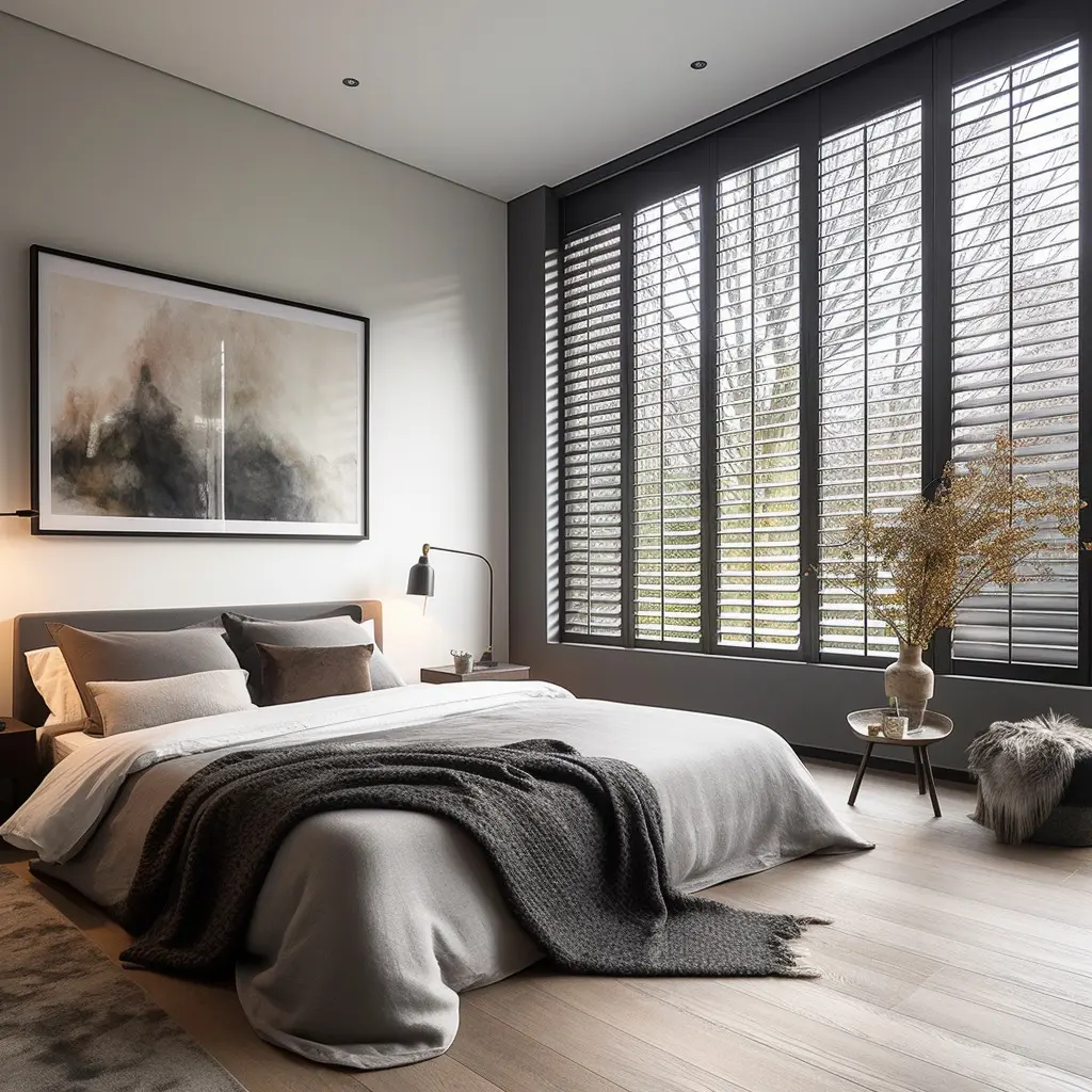 Dark shutters across bedroom windows