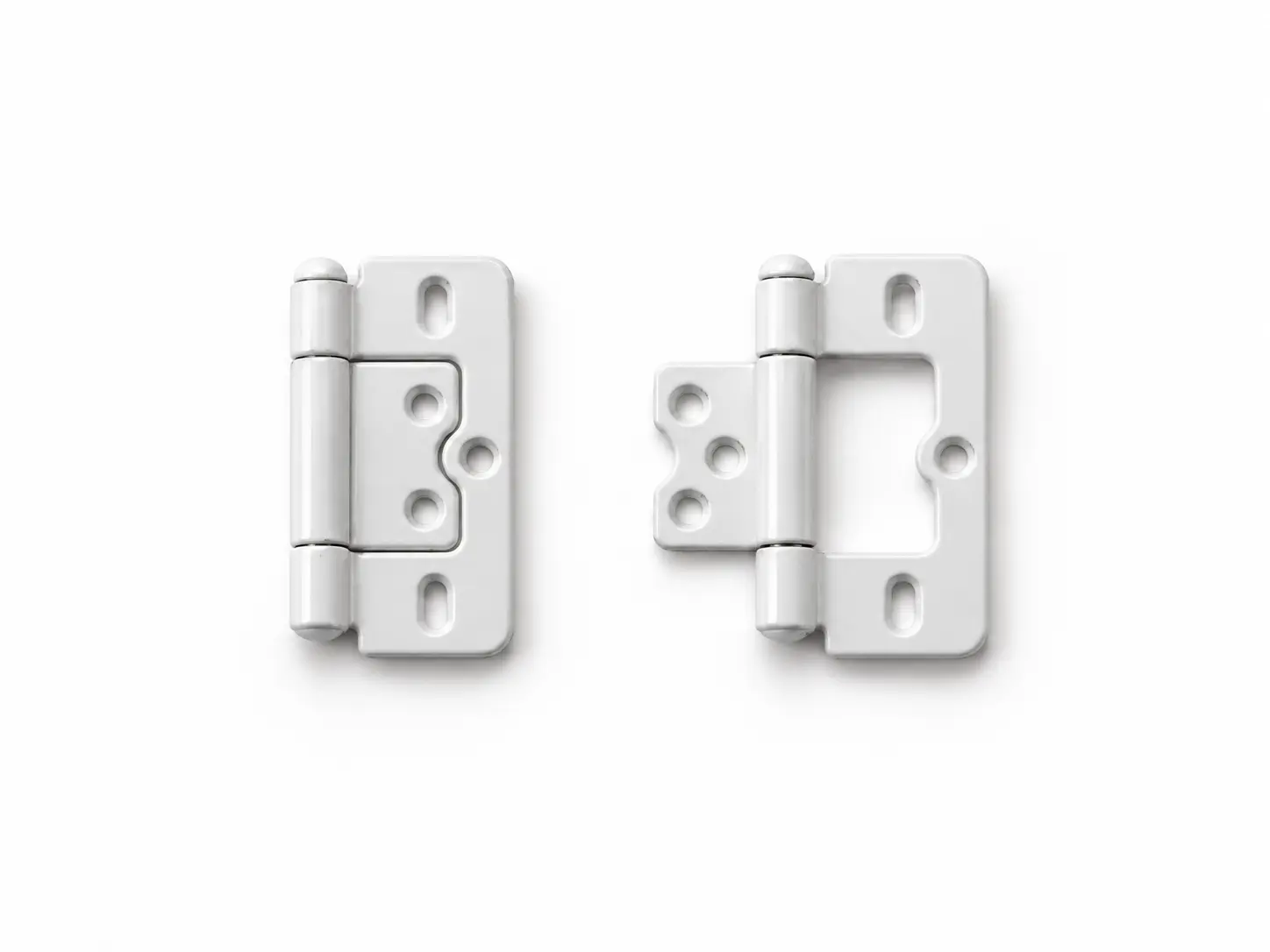 Two white plantation shutter hinges, one folded closed and one open, showing their fixing holes